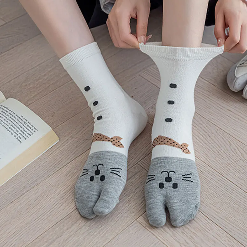 Теплые носки с принтом кошек разрезом милые женские носки-шлепанцы носки-кимоно