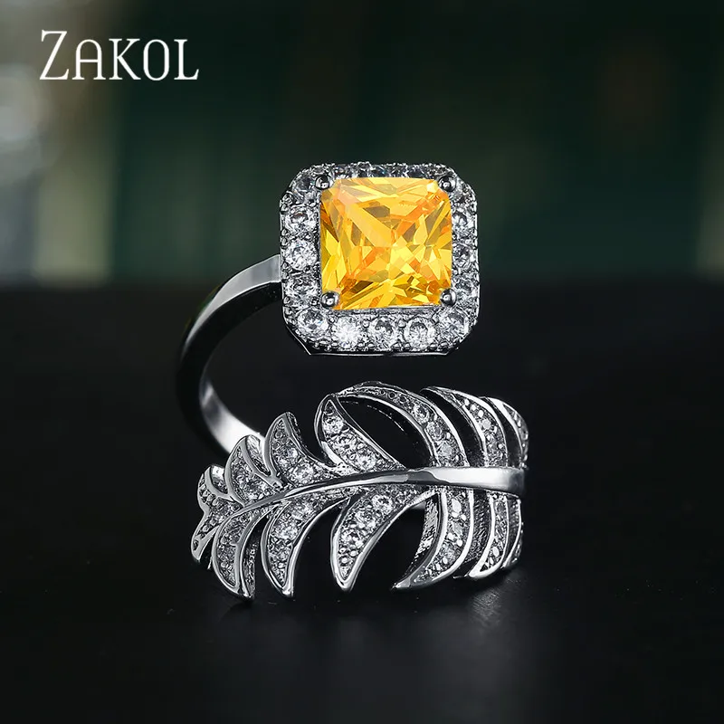 ZAKOL роскошное микро квадратное кольцо с фианитом и инкрустацией в виде листа для