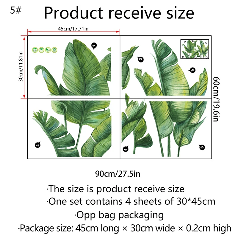 

Green Plants Background Decal Tropical Plant Wall Sticker Wallstickers Wallpaper Waterproof Beautiful 3D Leaves Home Decor