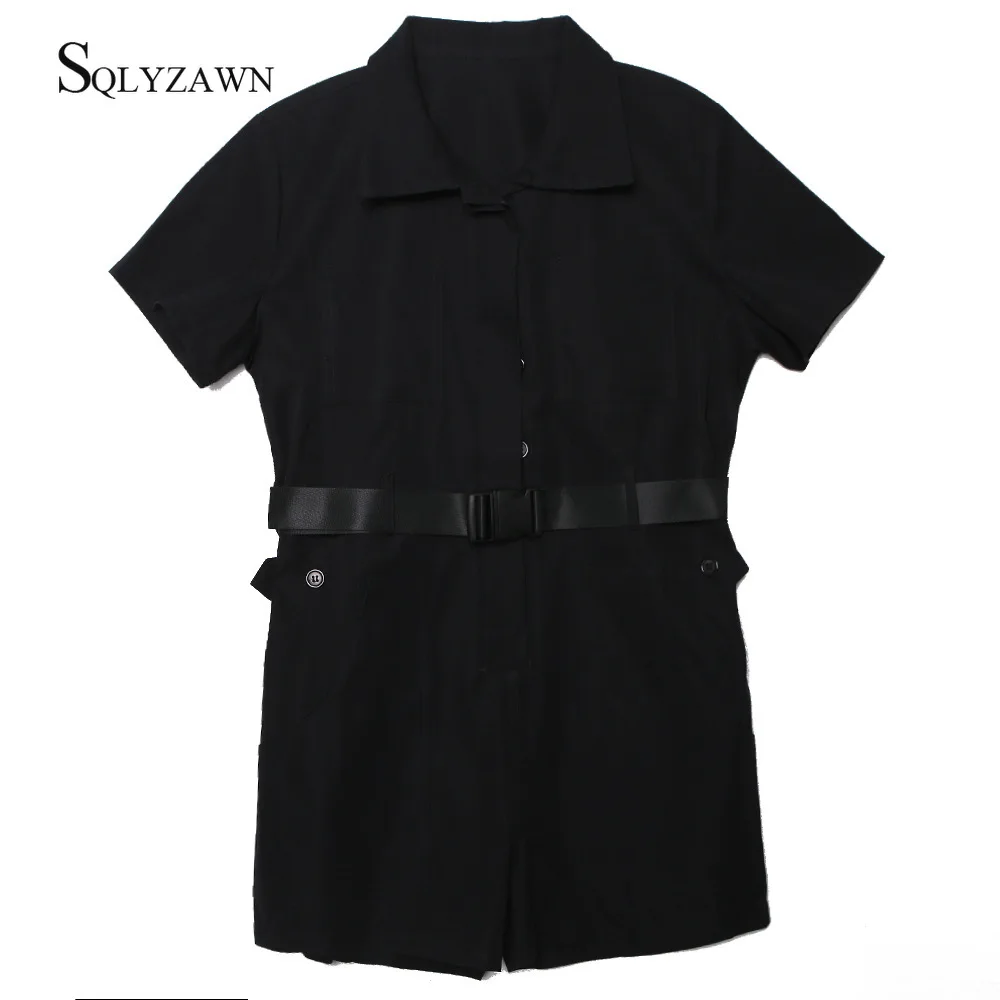 

Women Pocket Cargo Pants Playsuit Summer Short Sleeve Jumpsuit Black Belt Street Overalls Rompers Cool Turndown Collar Playsuits