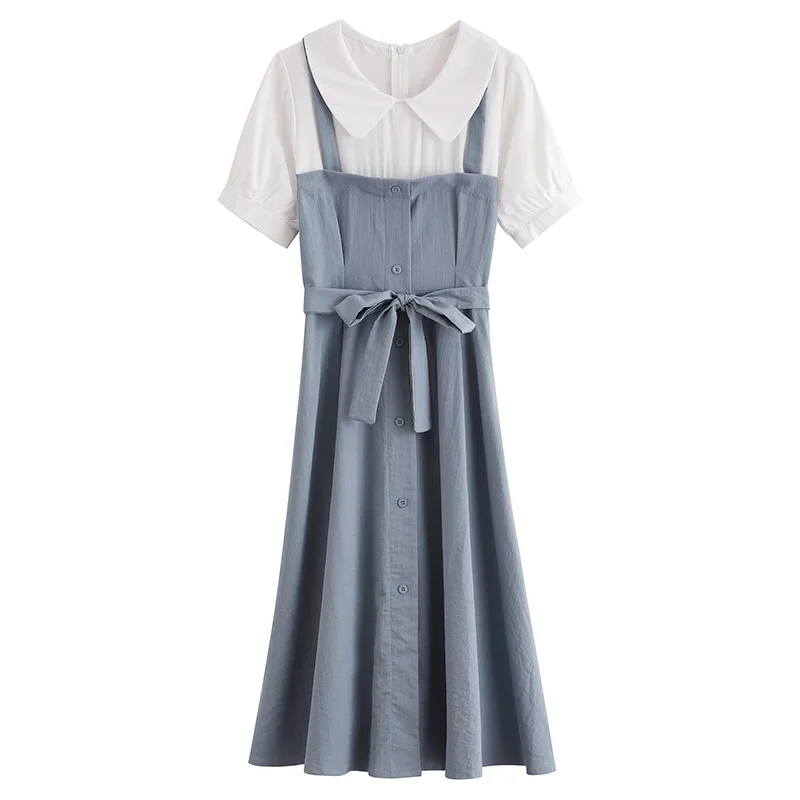 

women's clothing new summer fashion peter pan collar patchwork dress button short-sleeved bow sweet dresses