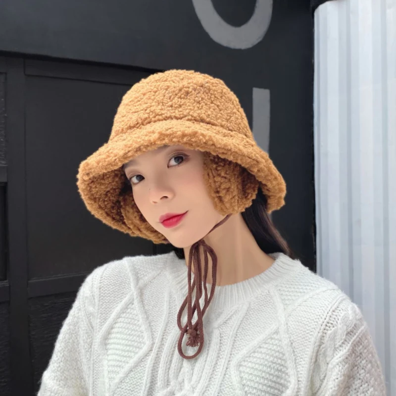 

Faux Lambswool Bucket Hat Women Winter Warm Thicker Fisherman Cap Basic Hat With Ear Protection Lady Cute Adjustable Panama Caps