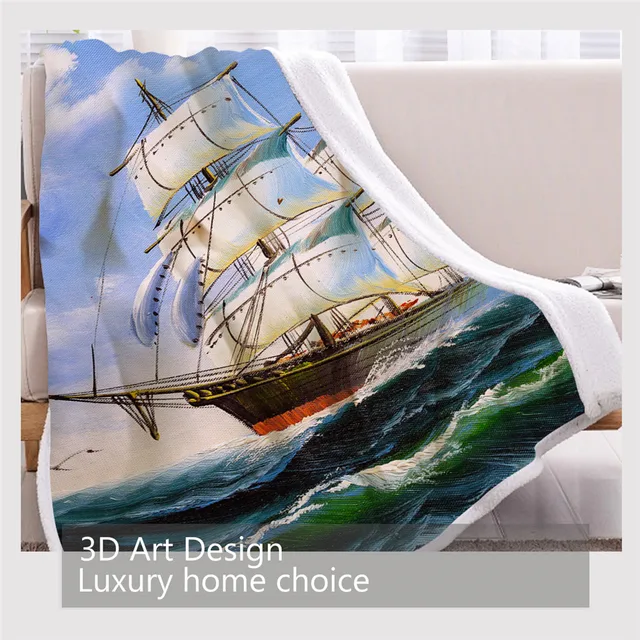 BlessLiving Sailboat Soft Blanket for Bed Watercolor Seascape Plush Bedspreads Waves Storm Sherpa Blanket Yacht Throw Blanket 3