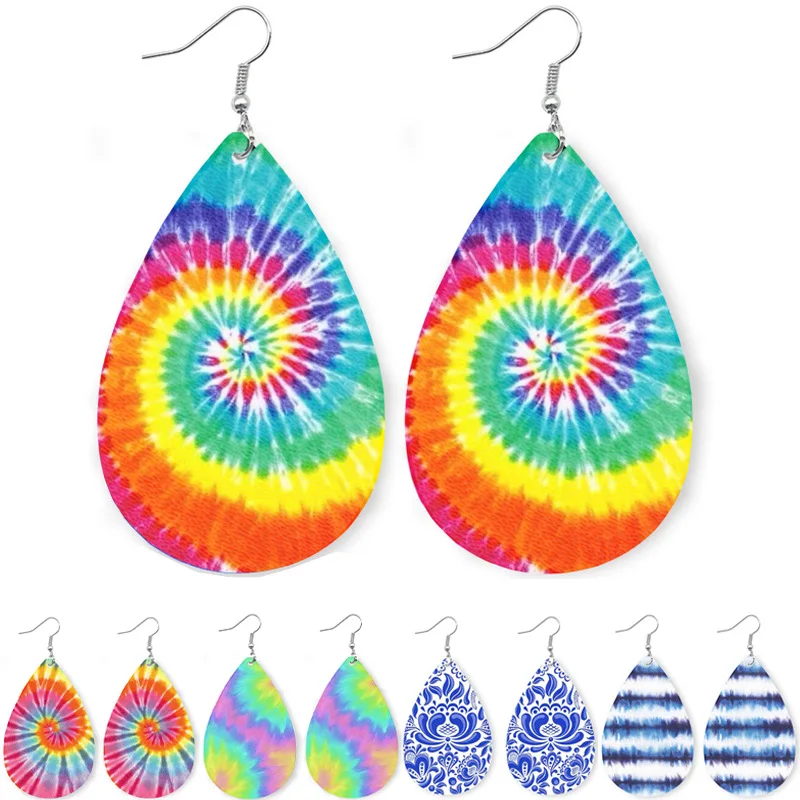 

2021 Harajuku Tie Dye Colorful Leather Earrings for Women Cute Designer Girl Fashion Teardrop Earrings Vintage Punk Jewelry