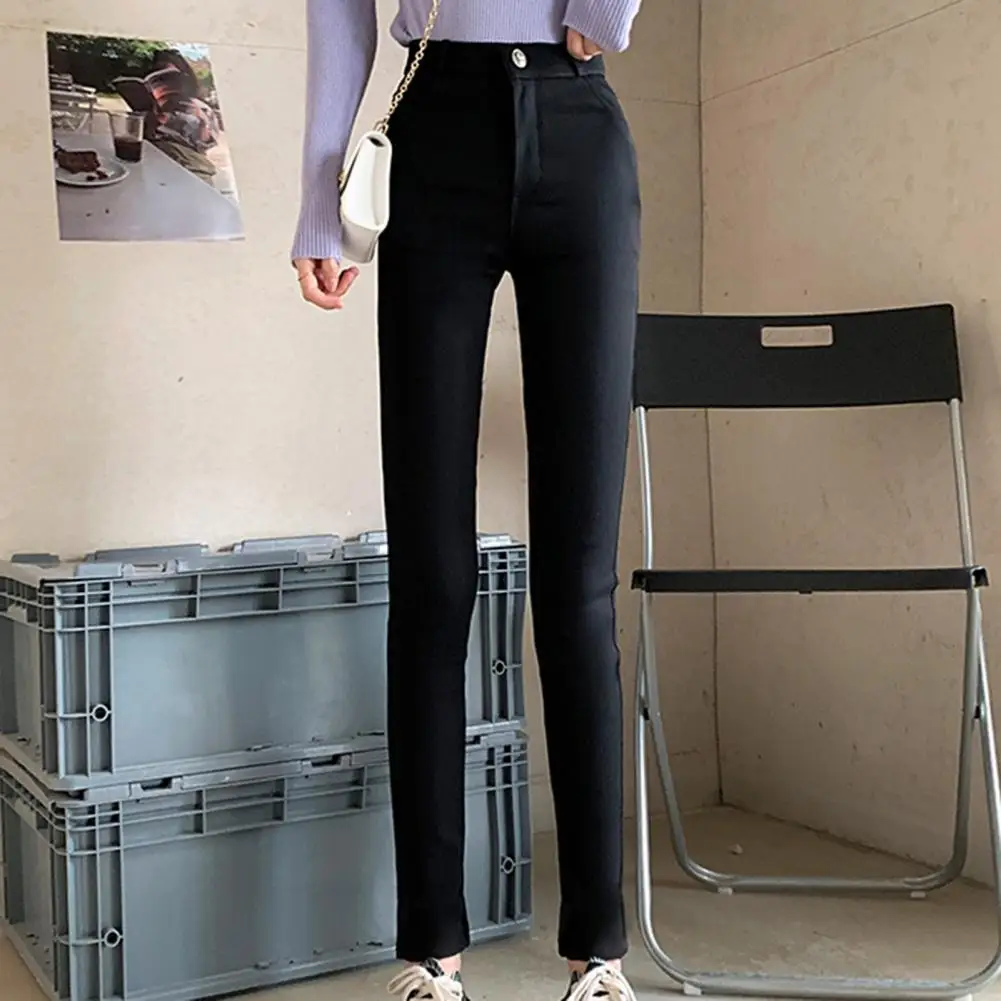 

Stylish Pencil Pants Solid Color Women Pants High Waist Bottoms Pockets Skinny Pencil Trousers Streetwear