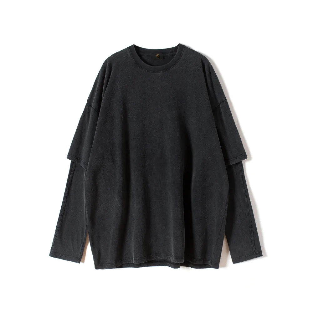 2020 Men Hip Hop Solid T Shirt Long Sleeve Faux Two Piece Streetwear Harajuku T-Shirt Oversize Summer Loose Cotton Tops Tees | Мужская