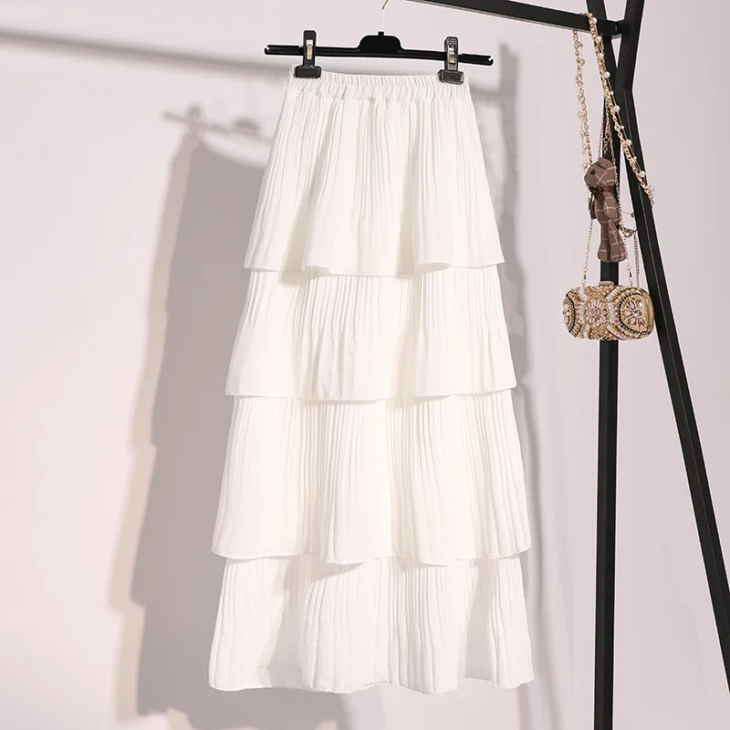 

Summer Chiffon Pleated Cake Skirt Women High Waist Skirt Korean White Long Skirts For Spring Elegant Ruffles Black Skirt Femme