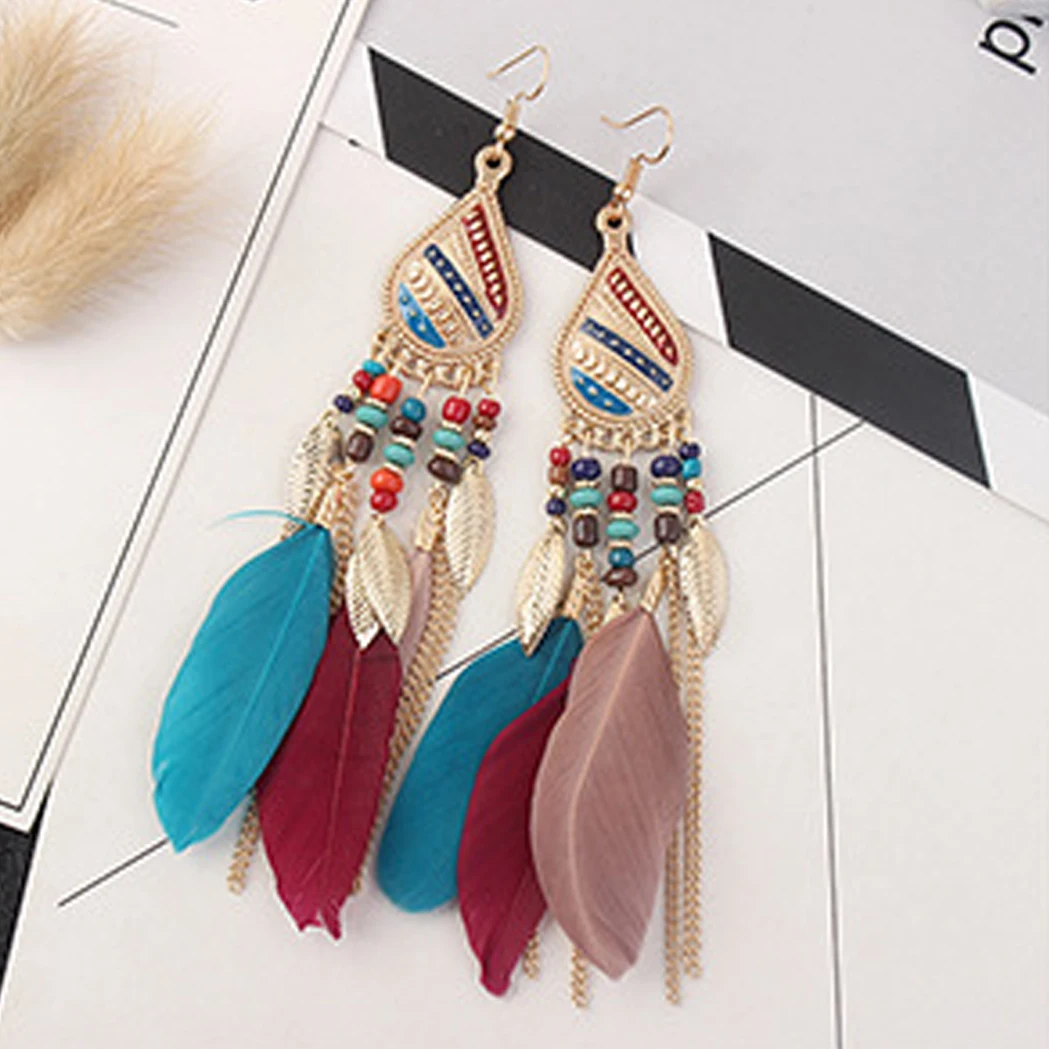 Яркие винтажные богемные серьги в форме капли воды с перьями сказочные индийские