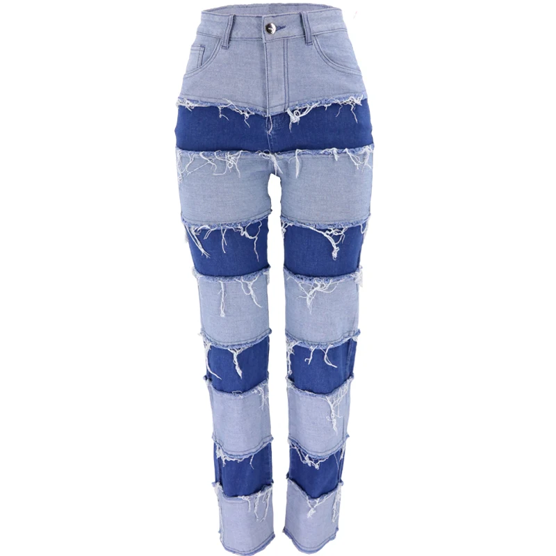 

New Casual Block Straight Leg Jeans Pants High Waist Women Autumn 2020 Trousers With Pockets Patchwork Sexy Blue Denim Pants