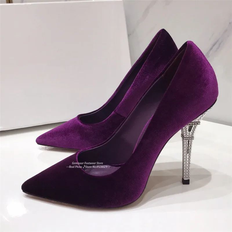 Purple Новая Осенняя обувь; женские уникальные туфли на высоком каблуке с металлическими башнями; zapatos De Mujer; женские туфли-лодочки с острым носком и зауженным мыском разных цветов; размер 42 - Цвет: Purple