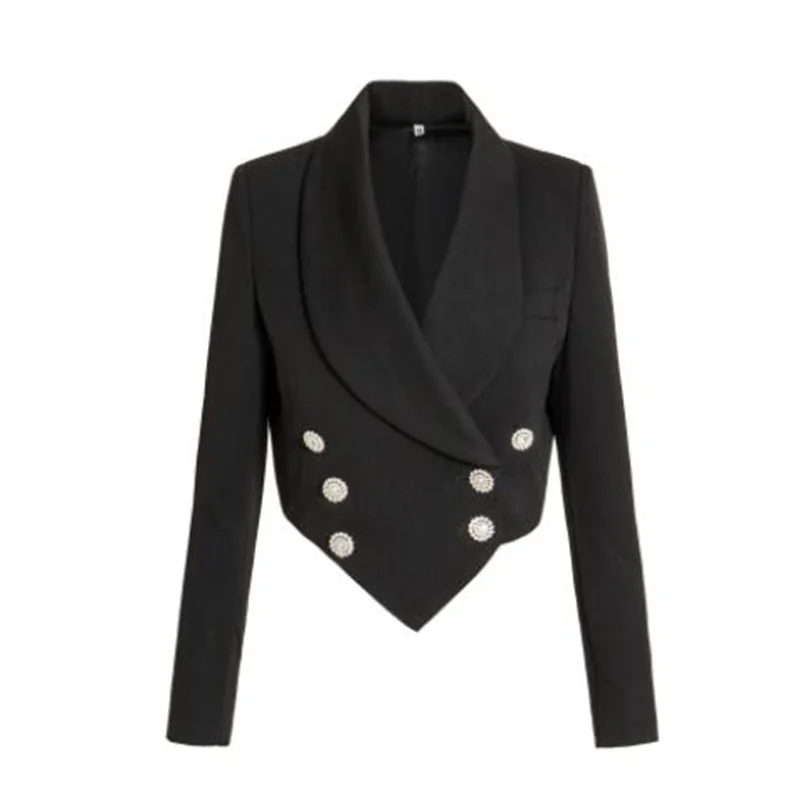 Pure color suits womens blazers black European and American short suit collar Korean long-sleeved quality double-breasted clothe
