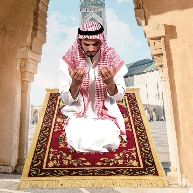 

D0AC Turkish Islamic Muslim Prayer Mat Faux Cashmere Velvet Thick Carpet Blanket Floral Printed Tassel Ramada Kneeling Rug
