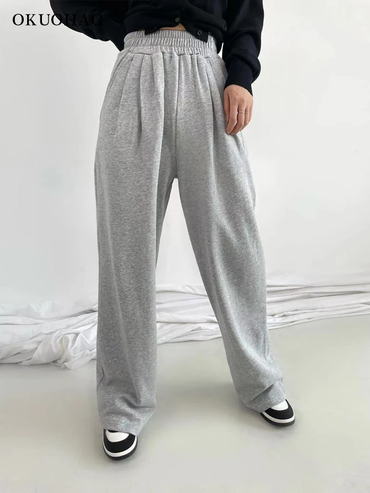 

Elastic High Rise Gray Wide Leg Casual Sports Pants Women Straight Slim Baggy Trousers Fashion Comfy Female Joggers Streetwear