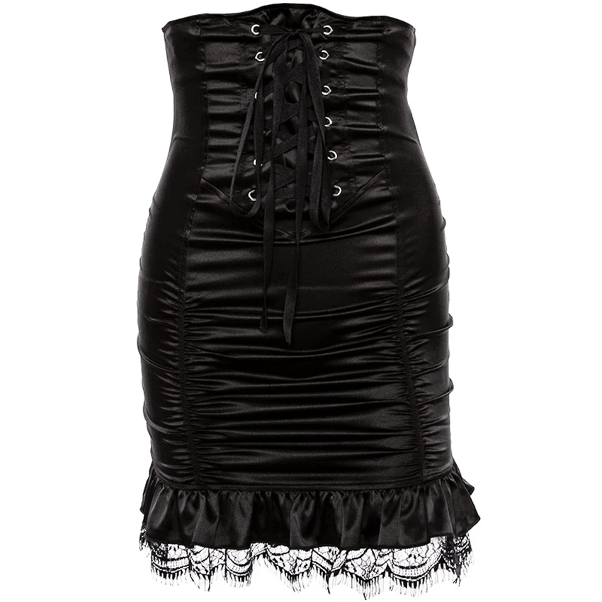 

Women Gothic Edge Skirt Black Sexy Mini Skirts High Waist Lace Up Bandage Skirts Harajuku Hip Skirts Mujer Ruffles Bodycon 2020