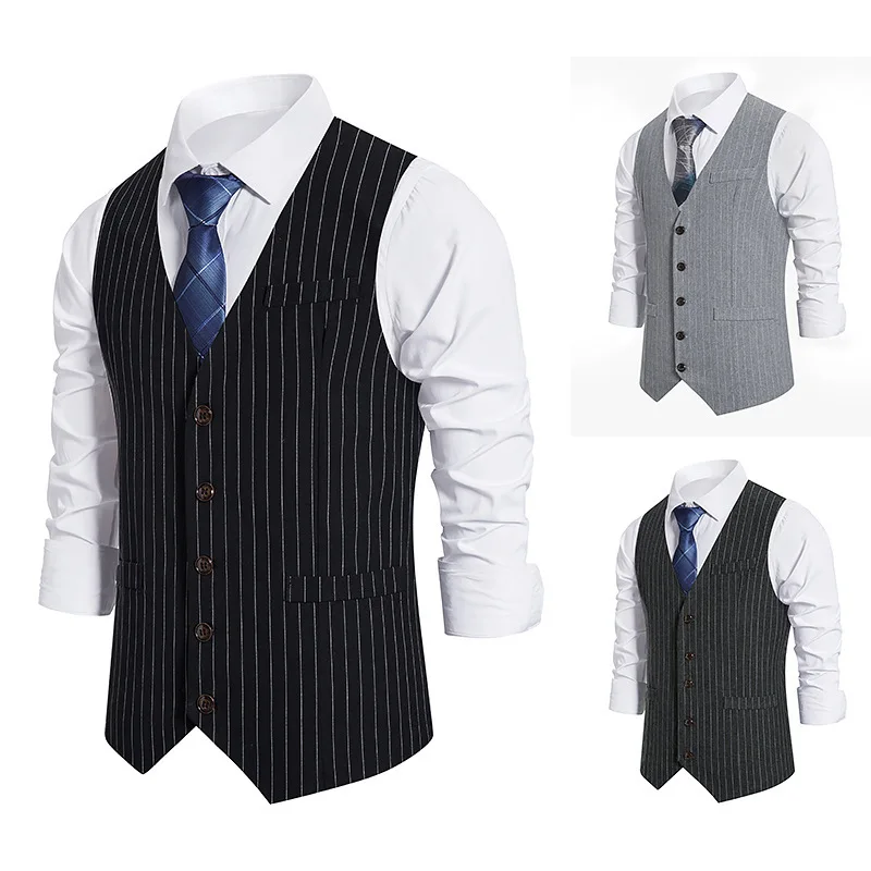 

Men Vest V-neck Stripe Printing Single-breasted Blended Pockets Slim Business Dress Retro Waist Waist Autumn and Winter Vest