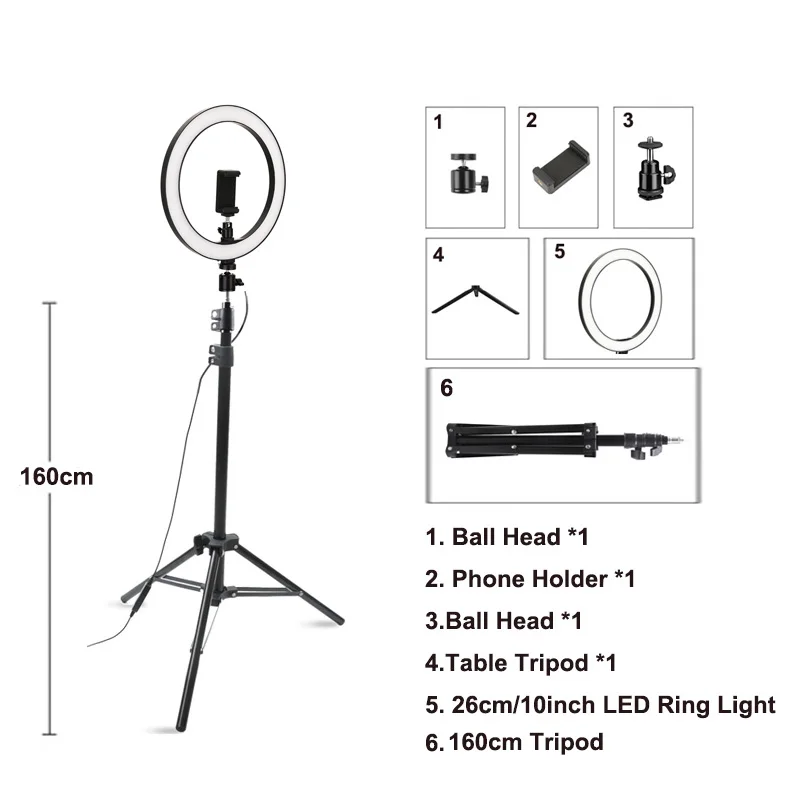 10in lamp 1.6M Tripo Фон для фотосъемки " светодиодный селфи кольцо светильник лампа три скорости бесступенчатое фото светильник ing с регулируемой яркостью с держателем для телефона для макияжа мобильного телефона в реальном времени S - Цвет: 10in lamp 1.6M Tripo