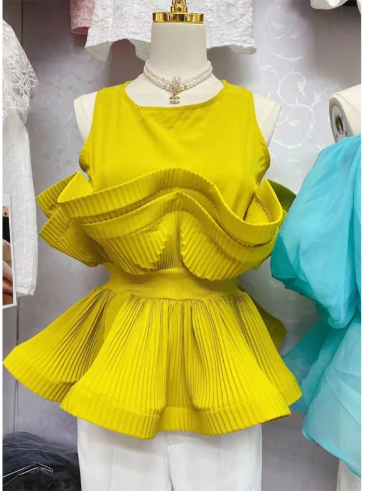 

Ruffles Pleated Patchwork Women Blouse Summer New 2021 Solid O-Neck Sleeveless Slim Elegant Office Lady Pulls Tops