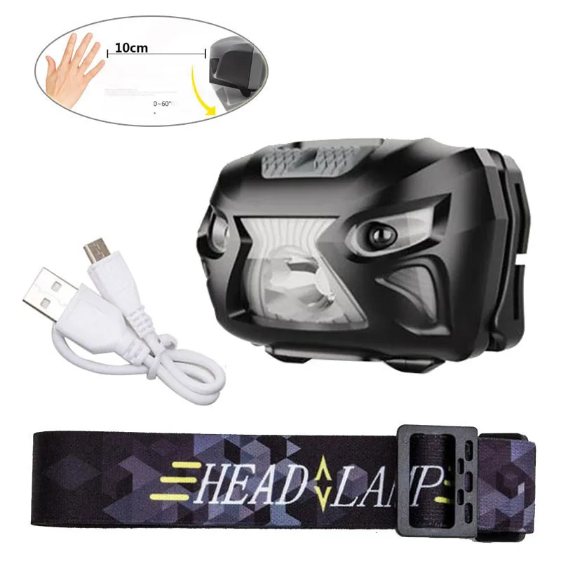 sensor motion Headlamp 3 modes rechargeable Mini smart Head flashlight Lamp Torch Lantern With USB charging Charger fishing | Лампы и