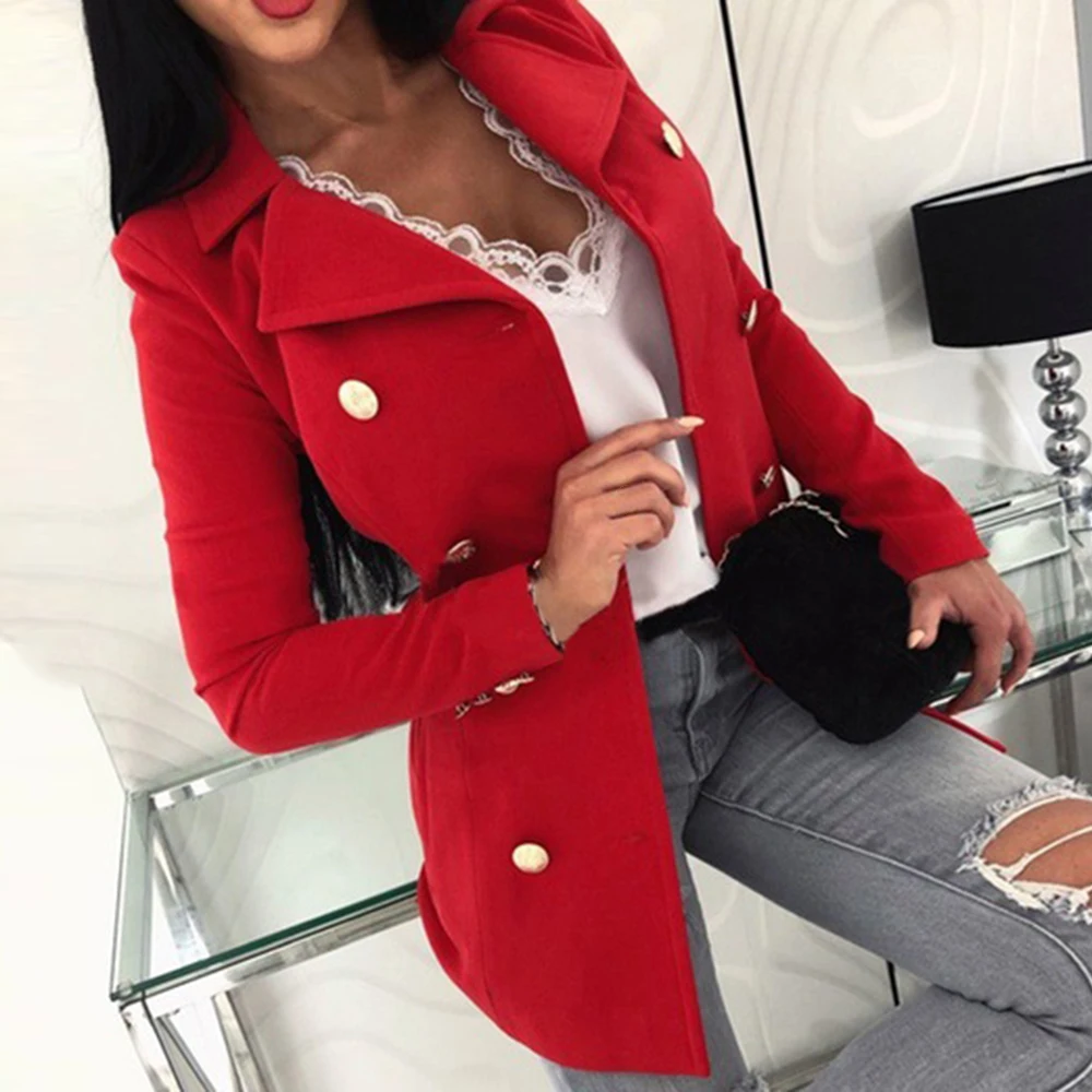 Модный женский двубортный костюм куртка офисный облегающий пальто осенняя