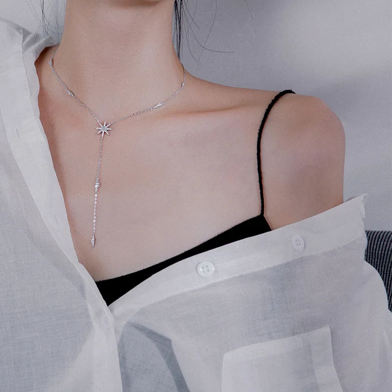

Cubic Zircon Sweater Chain 1PC Necklace Chain Korean Style Silver Solid Gift Jewelry Women Girls Silver Clavicle Chain