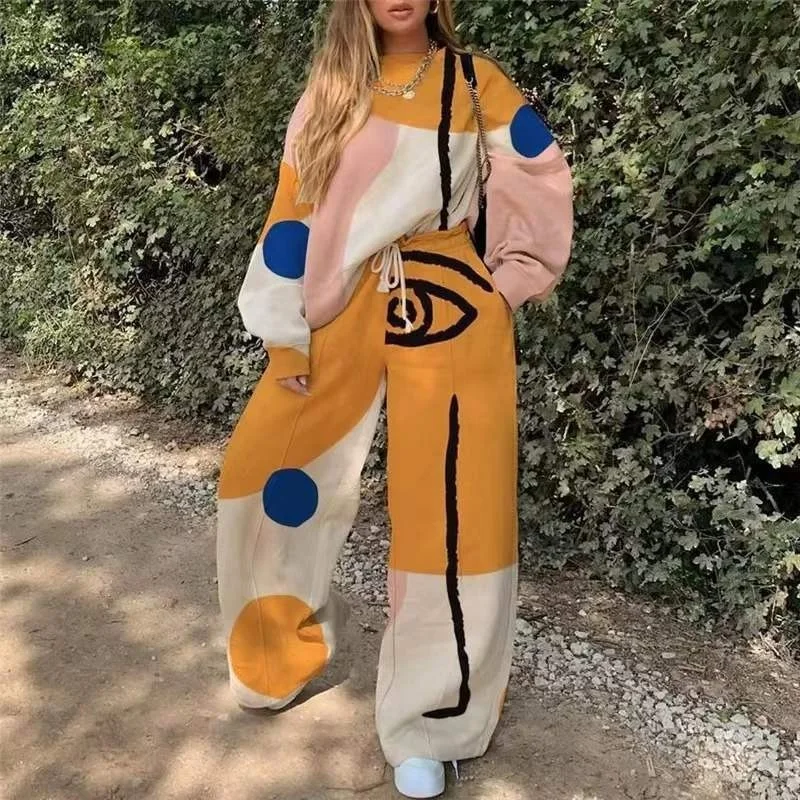 

Women Cartoon Print Sweatshirt Set Casual Plus Size Tracksuit Wide Leg Pullover and Pant Slim Loose S-3XL 2 Piece 2021 winter