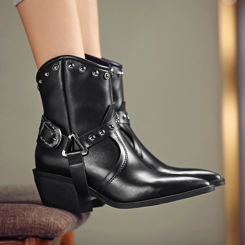 

Drestrive Cow Leather 2020 Winter Shoes Pointed Toe Rivet Thick Heels Buckle Females Ankle Boots Black Genuine Leather Zipper