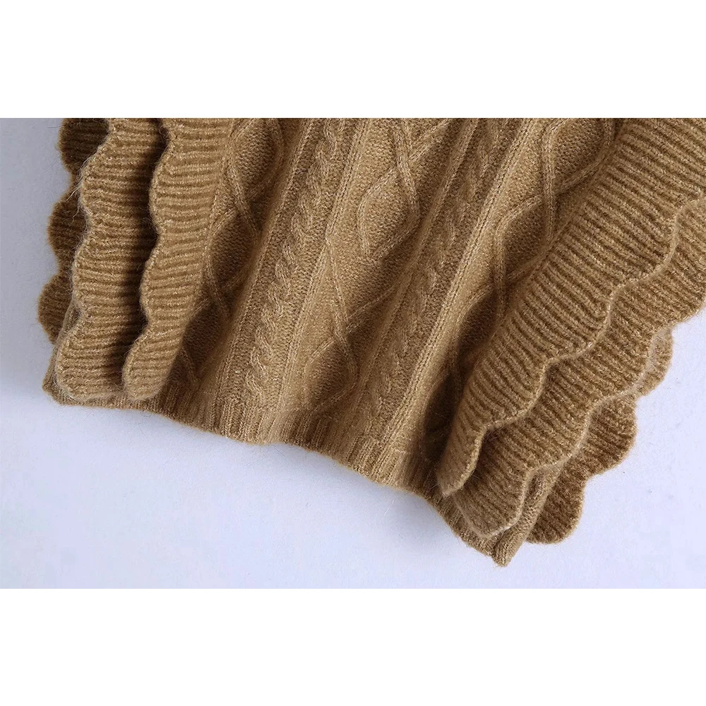

2021 New Women Cable-Knit Vest Sweater V-neck waistcoat Ruffle trim Women Pullover Warm Knitted Tank Tops