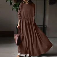 womens solid color cotton and linen dress ladies simple and loose temperament commuter round neck long sleeve and ankle skirt