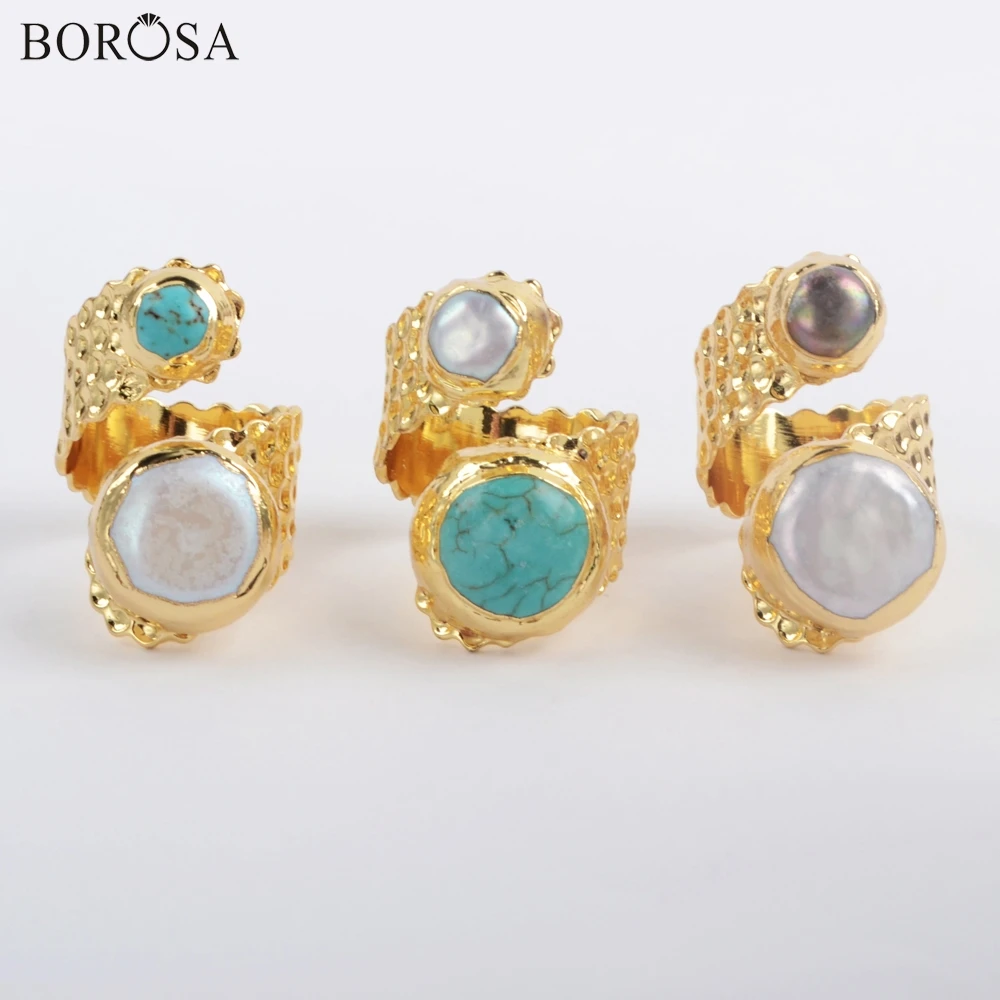 BOROSA 5 шт. позолоченный натуральный белый и черный натуральный шарф с жемчугом кольцо синий Howlite& Белый жемчуг битые кольца ювелирные изделия G1883