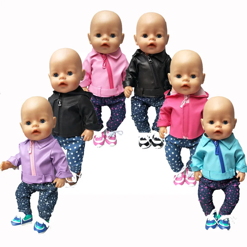 

Doll Clothes Accessories Born New Baby Fit 18 inch 43cm Black Purple Blue Red leather Clothes For Baby Birthday Gift
