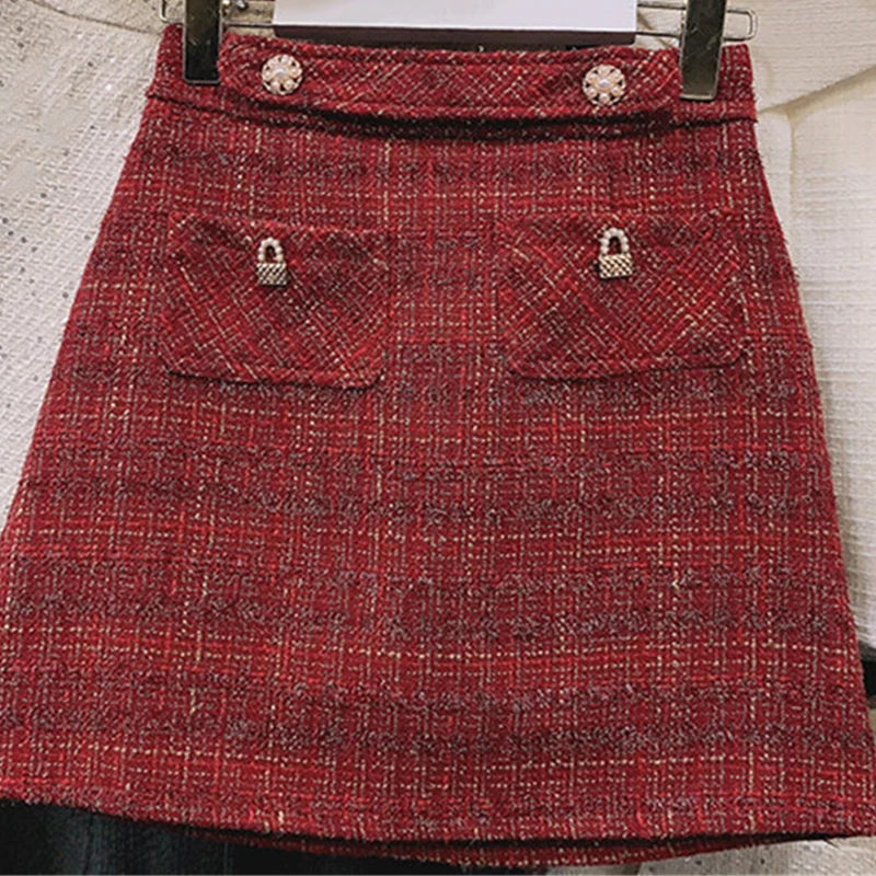 

Limiguyue Slim Mini Tweed Skirt Women Bright Silk Beading Retro High Waist Hip Package A-line Skirts Saia Egirl Aesthetic K3881