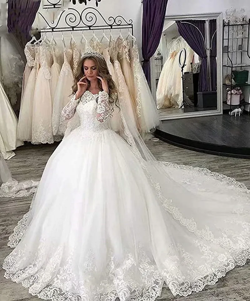 

Romantic A Line Wedding Dresses Off Shoulder Long Sleeves Wedding Gowns Lace Up Court Train Bridal Gowns Robe De Mariee