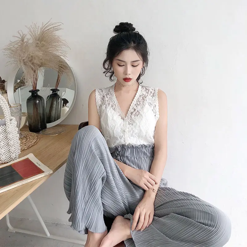 2020 новое летнее женское кружевное Блузы без рукавов Топы + свободные широкие