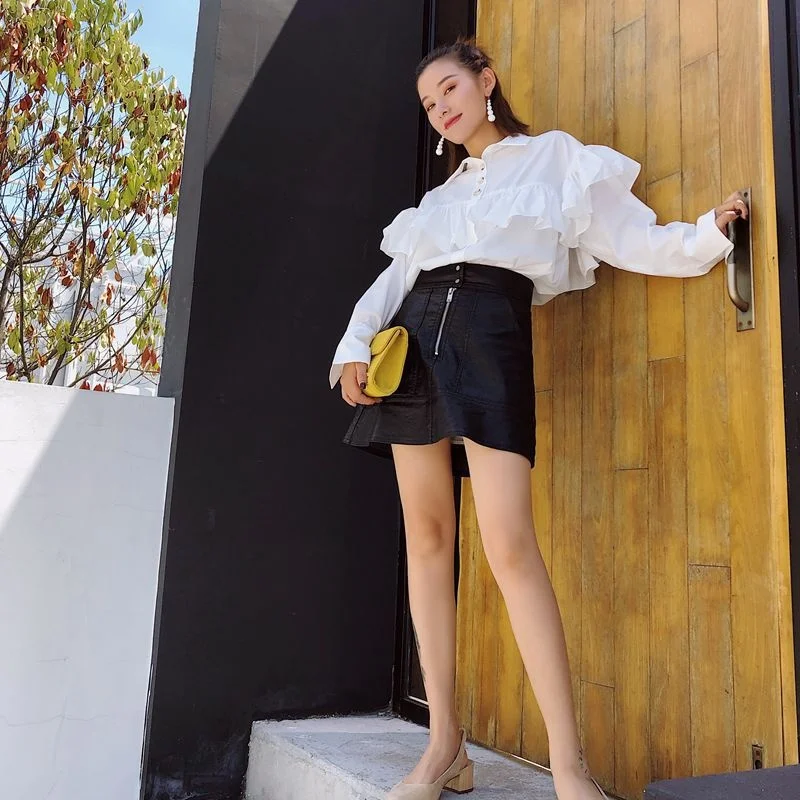 

Chic early spring top Ruffle white shirt 2019 spring Hong Kong style women's long sleeve shirt