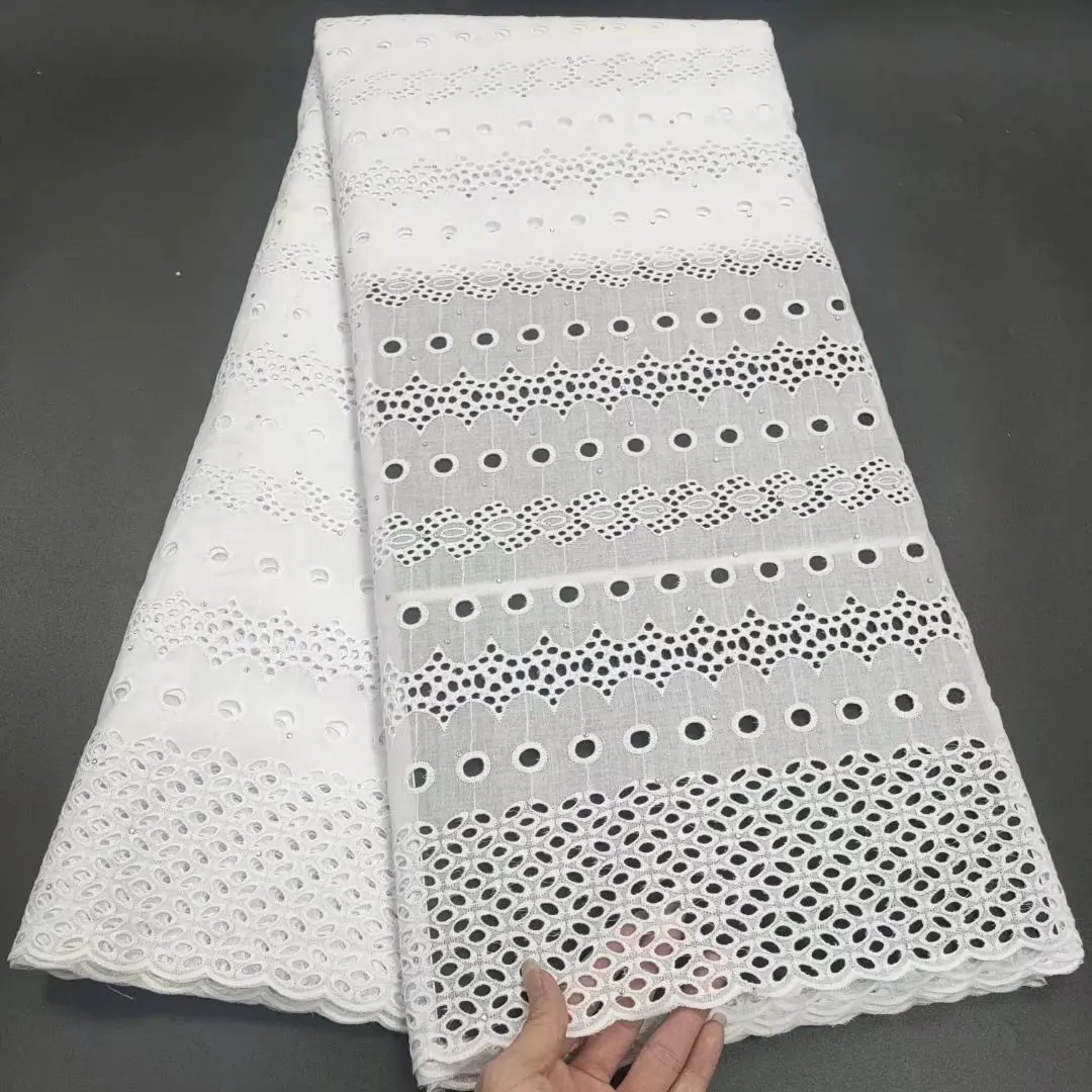 

Latest White African Cotton Lace Fabric Eyelet Swiss Voile Lace Cloth Nigerian Embroidered Dress Material Broderie Tissu TC55
