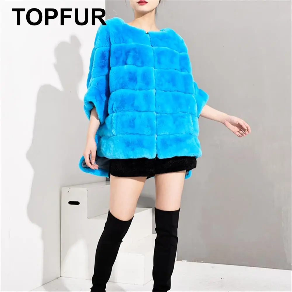 Женское пальто из натурального меха TOPFUR бирюзовое кролика Рекс зимняя шуба