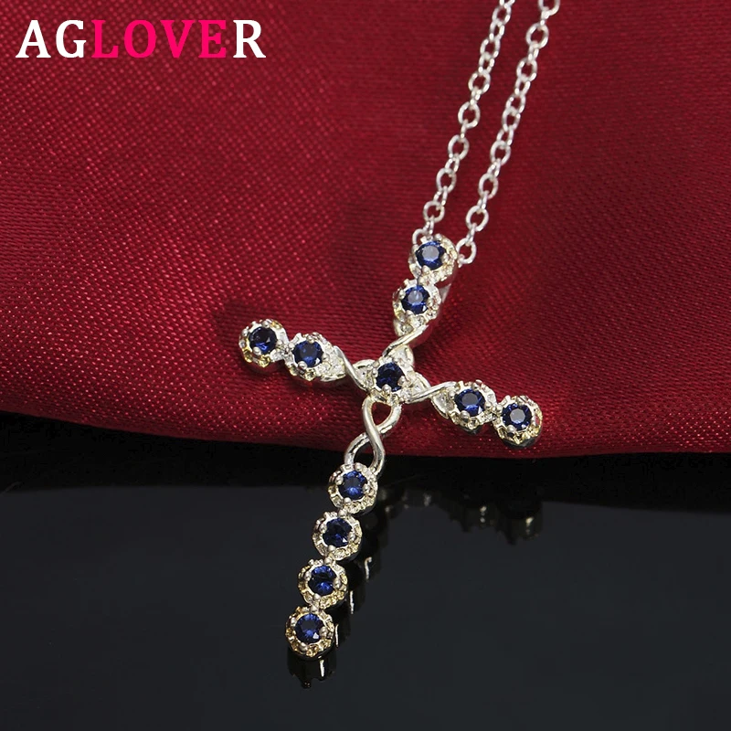 

AGLOVER 925 Sterling Silver AAA Zircon 18 Inch Blue Cross Pendant Necklace For Woman Man Fashion Wedding Jewelry Gift