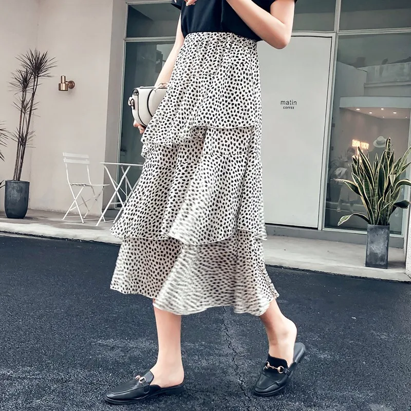 

New High Waist Medium Length Polka Dot Womens Chiffon Skirts Fashion Asymmetrical Elastic Waist Bohemian Ladies Holiday Skirts