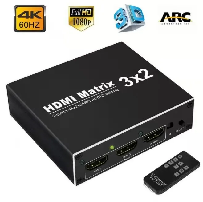 

4K HDMI Splitter 60Hz Ultra HD 3X2 Matrix Switcher Switch R/L+ARC 3 Ports Inputs 2 Port Outputs with IR Remote HDCP1.4