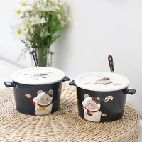 instant noodle bowl 3d relief beckoning cat ceramic student home rice bowl cartoon cute with fork double ear anti scalding