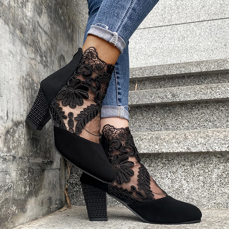 

Women's Shoes 2021 Fashion Women High Heels Peep Toe Lace Flower High Heel Net Surface Hollow Out Sandals Zapatillas Mujer