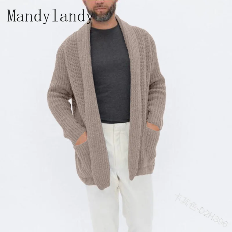 

Mandylandy Coat Sweater Spring Autumn Long Sleeve Turn-down Collar Knitted Jacket Men's Casual Solid Loose Cardigan Sweater