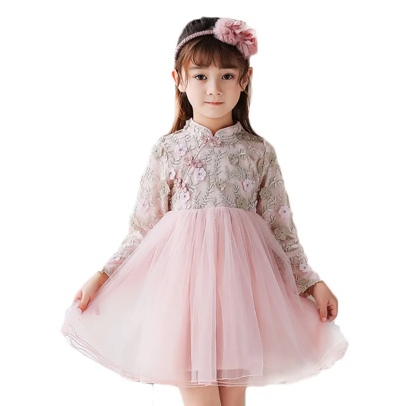 Autumn Long Sleeve New 2019 Girls Dress Fashion Lace Veil Embroidered Cheongsam Chinese Style Purple Pink Princess |