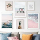 Розовый морской пляж Пальма ананас морской пейзаж настенная живопись холст скандинавские постеры и принты настенные картинки для декора гостиной