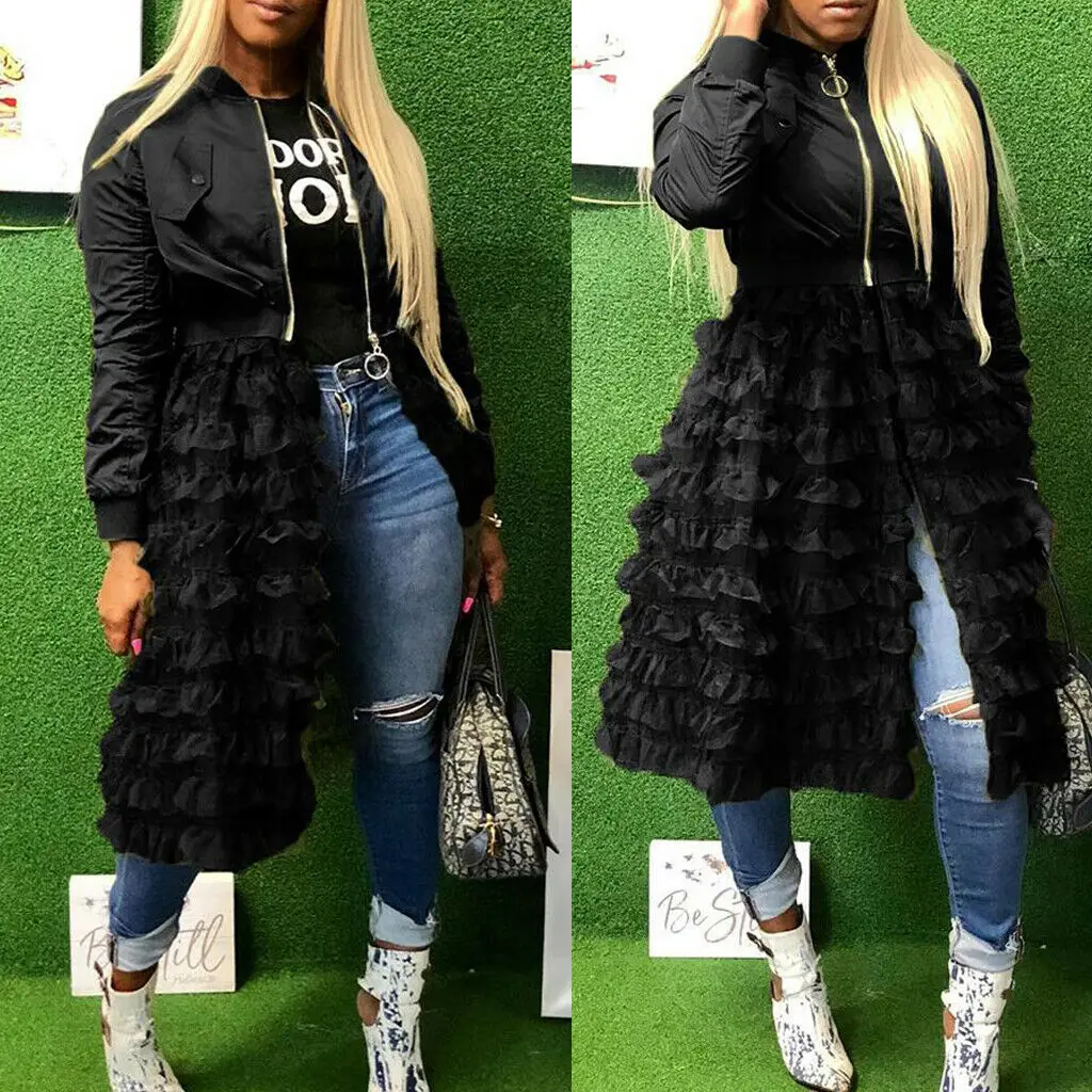 

Hot Autumn Fashion Women Lady Mesh Lace Splice Coats Long Sleeve Zipper Frill Tulle Tutu Long Jacket Casual Women Outerwear