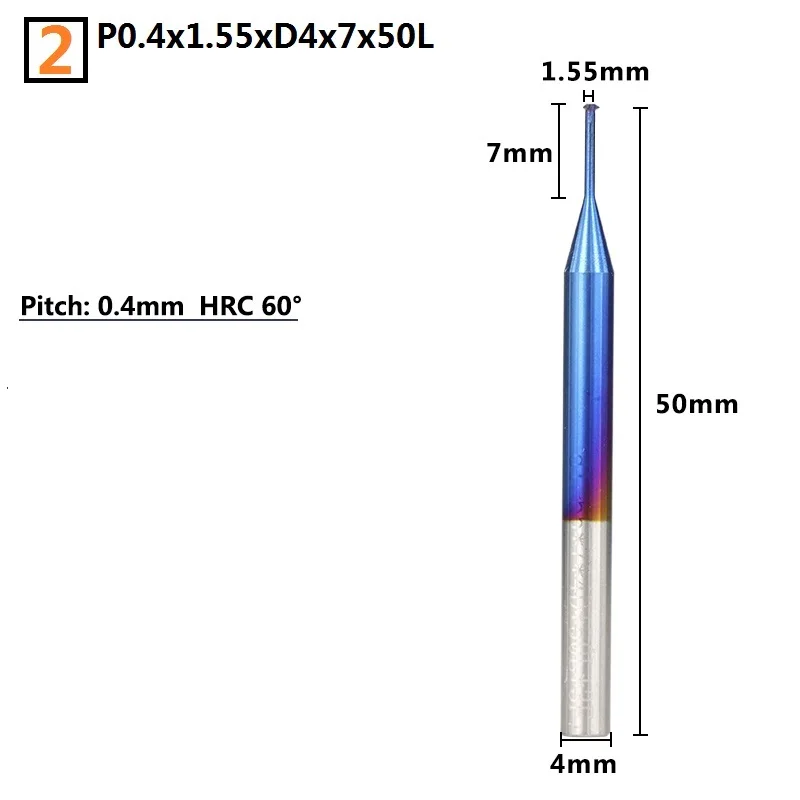 P0.4x1.55xD4x7x50L 1 шт. 0,7-3,9 мм P0.25-P0.8 однониточная Концевая фреза с нано синим покрытием твердосплавные концевые фрезы Резьбовая фреза 4 мм хвостовик фреза с ЧПУ - Длина режущей кромки: P0.4x1.55xD4x7x50L