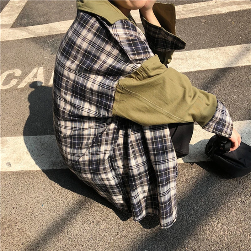 Harajuku стиль куртка оверсайз Женщины обе стороны могут носить хип хоп Уличная плед пальто пэчворк и куртки женщины