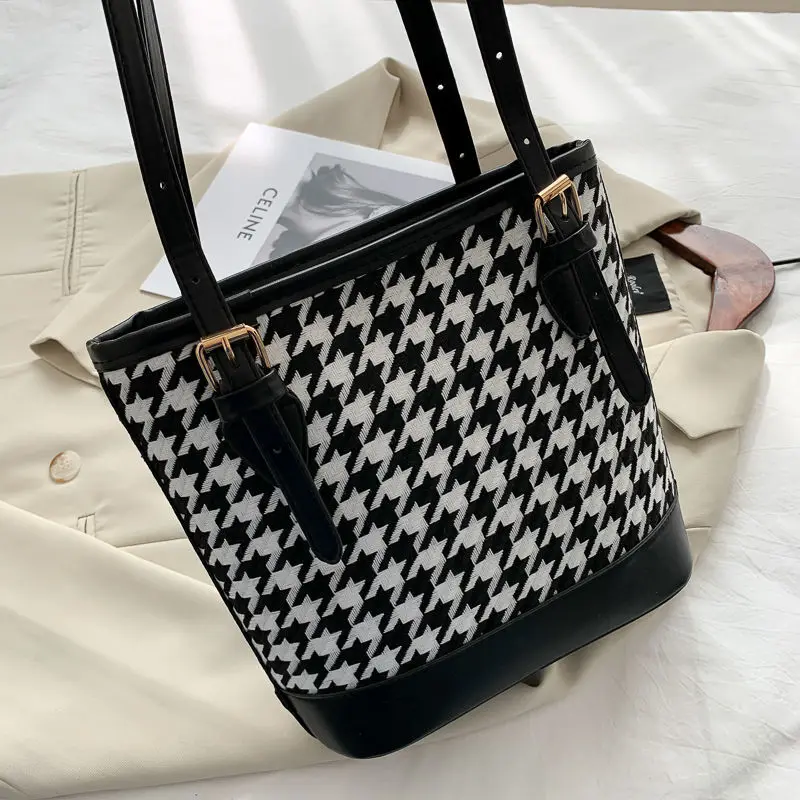 

Lattice Wool Women Shoulder Bag Satchel Plaid Fashion Bucket Women's Bags 2020