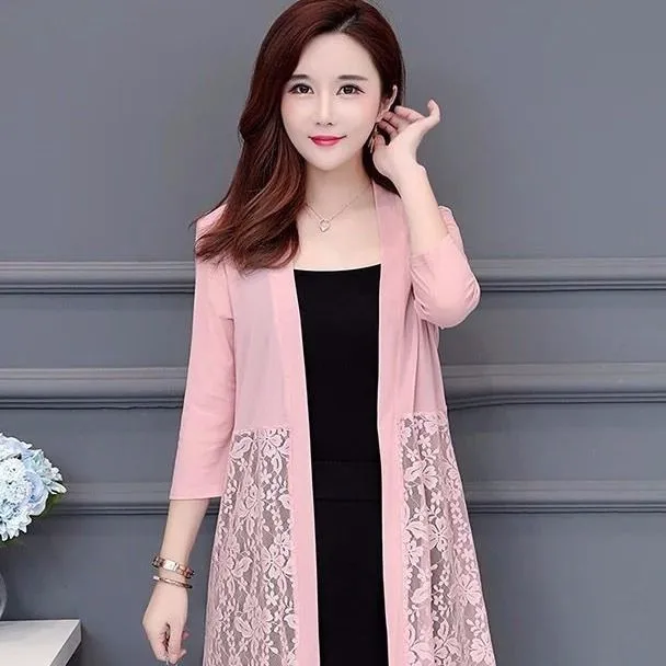 

5XL Code Mid-Sleeve Lace Cardigan Women's Summer Mid-Length Casual Sunscreen Clothing Thin Shawl Jacket Air-Conditioning Shirt