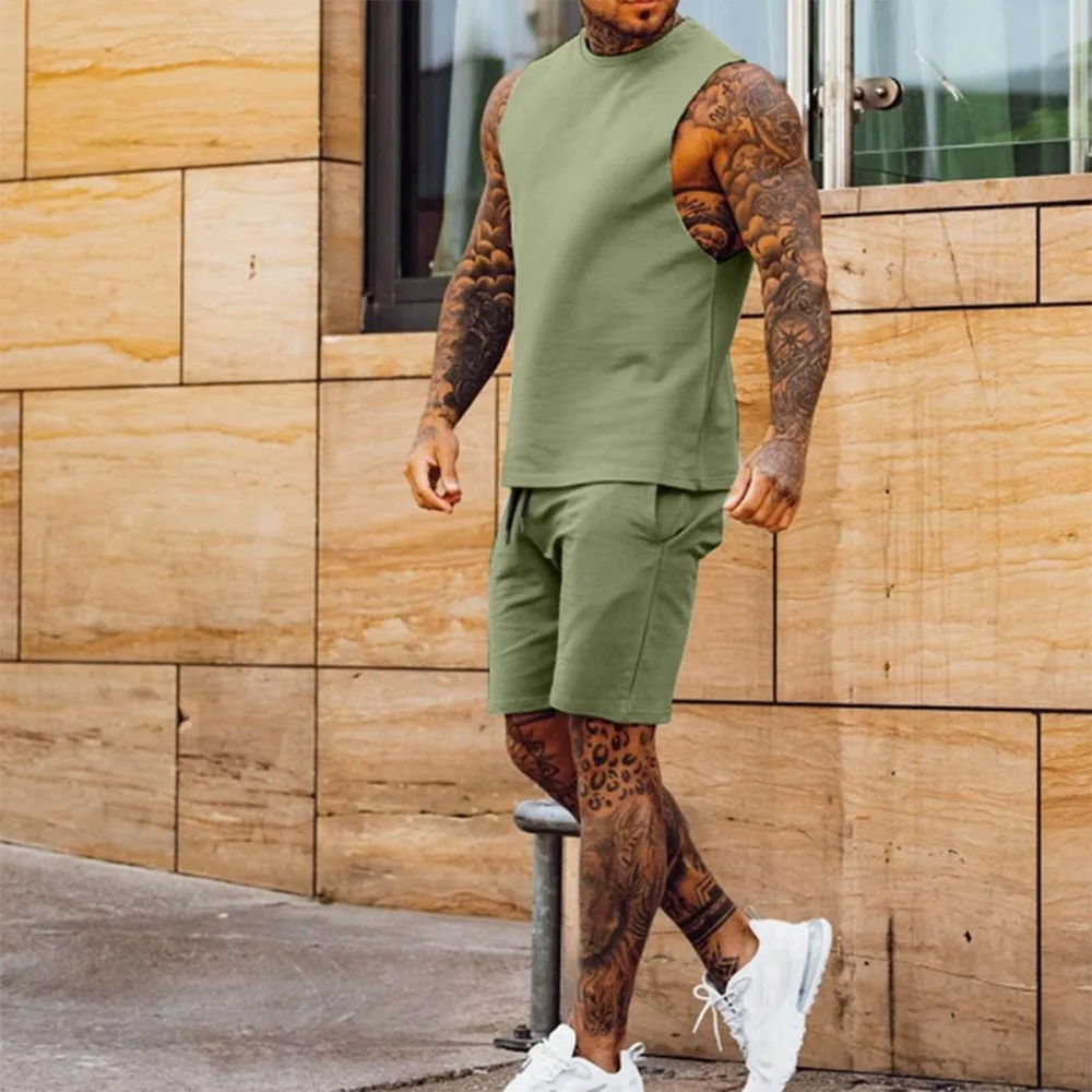 

Puimentiua Summer Solid Sleeveless Casual Sport Suit 2021 New Two Piece T-shirt Shorts Tracksuit Men Set Fitness Bodybuilding